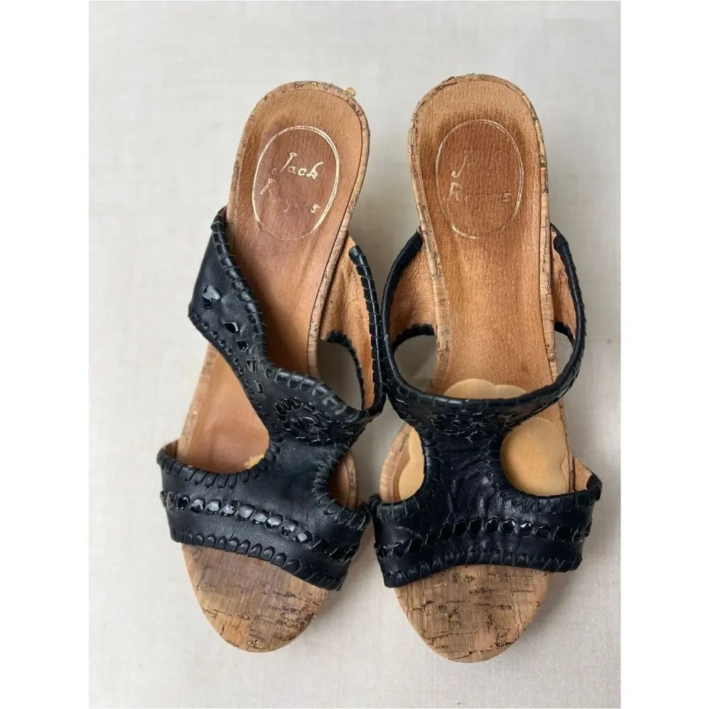 Jack Rogers Black Leather Cork Wedge Slide Sandals Women’s 6.5